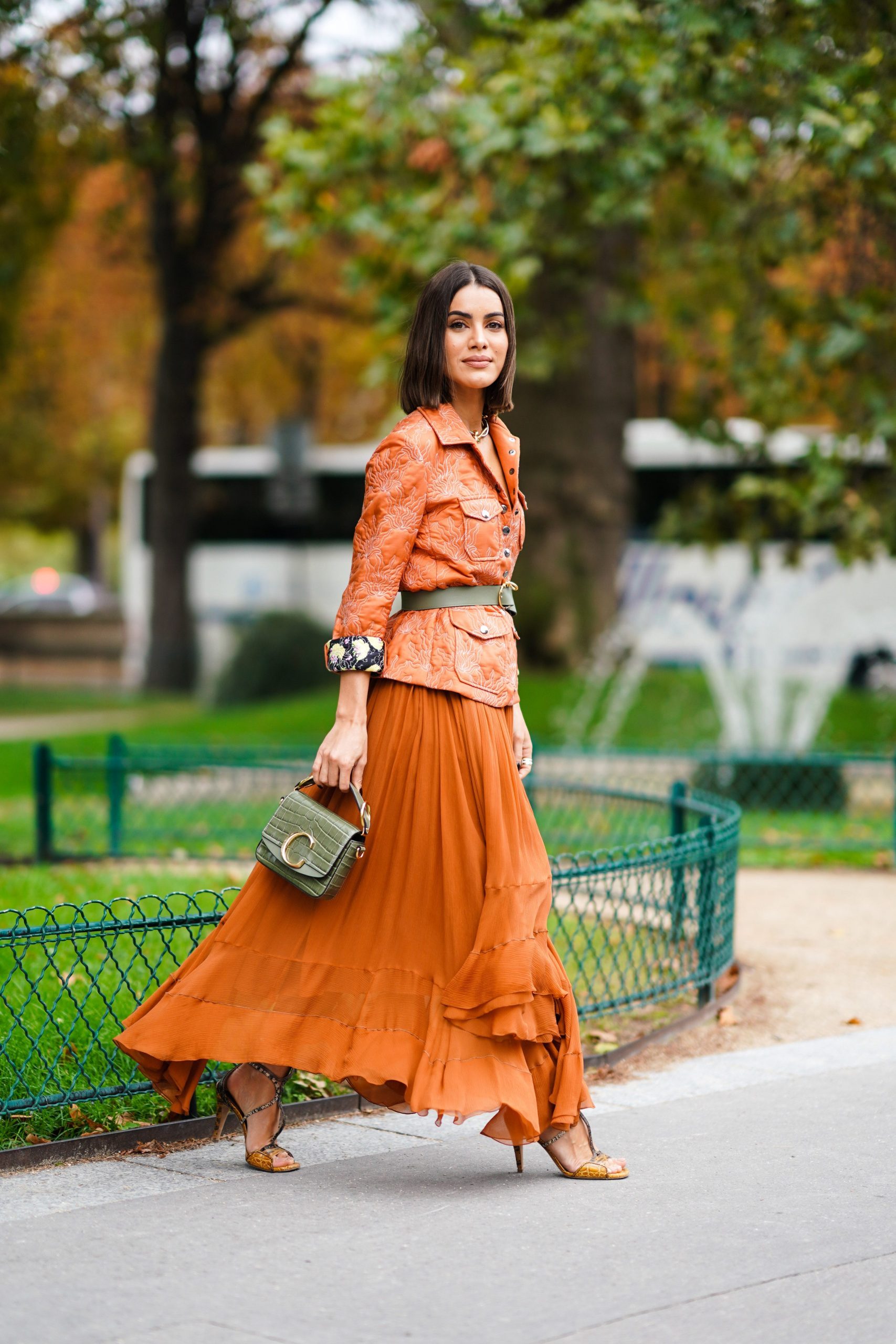 Ruffled Orange Maxi Skirt with Patterned Jacket for a Bold Look — Skirt Outfits