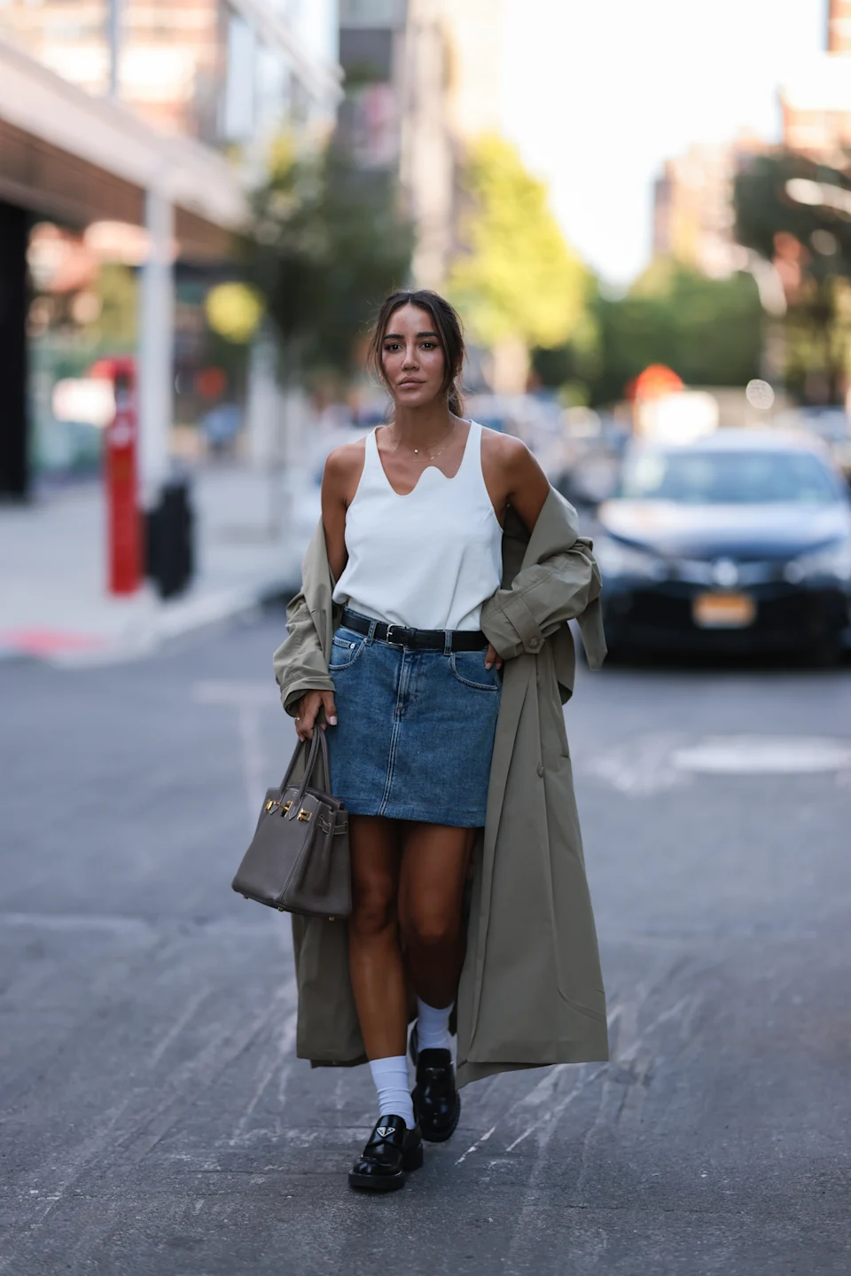 Denim Mini Skirt with Trench Coat for Casual Daytime — Skirt Outfits