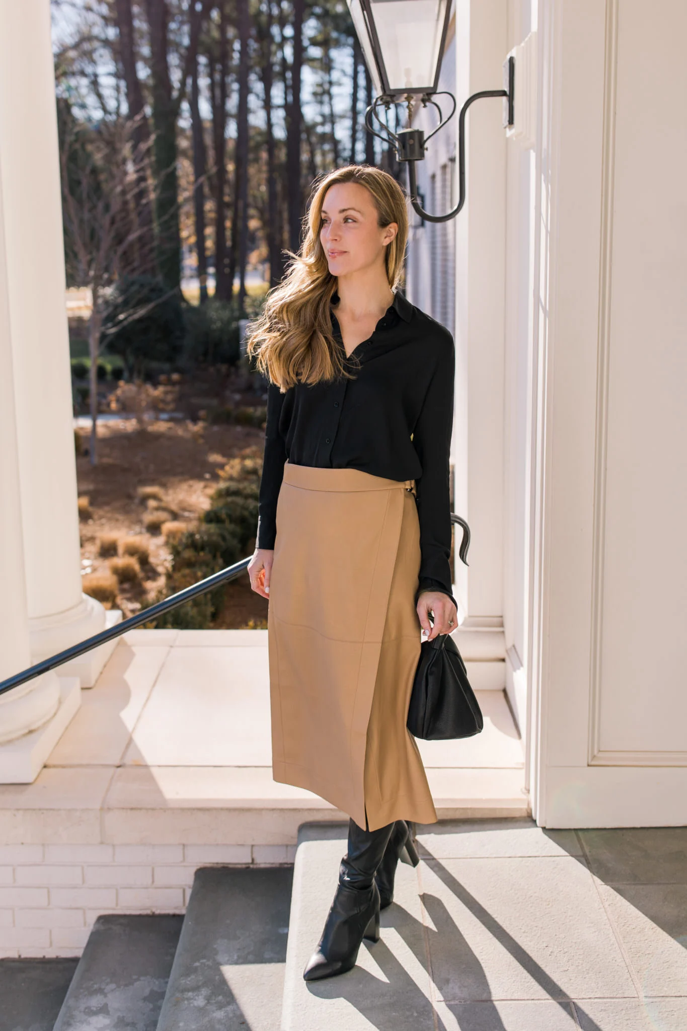 Camel Wrap Midi Skirt with Collared Shirt for Business Casual — Skirt Outfits