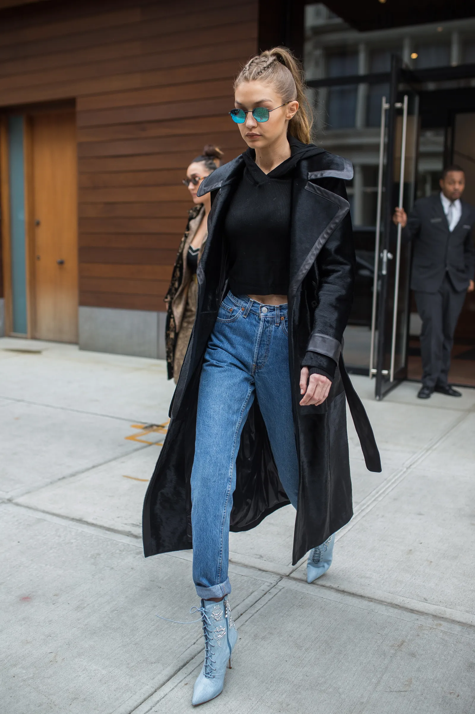 Medium Wash Mom Jeans with Cropped Hoodie and Trench Coat — Mom Jeans Outfits