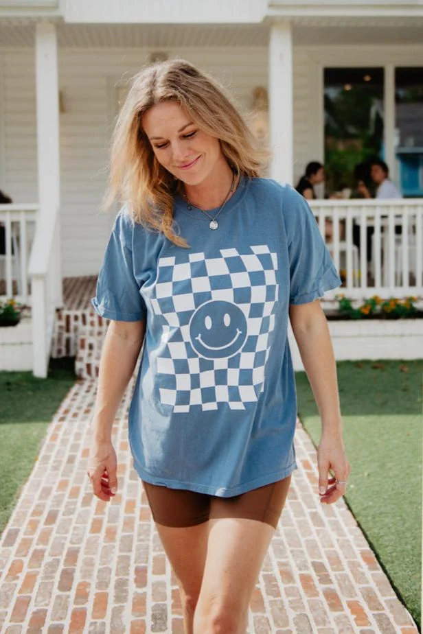 Checkerboard Smiley Graphic Tee with Bike Shorts — Graphic Tee Outfits