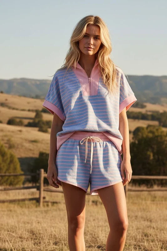 Pastel Striped Quarter-Zip Sweatshirt and Shorts Loungewear Set Pastel Striped Quarter-Zip Sweatshirt and Shorts Loungewear Set — Two Piece Outfits