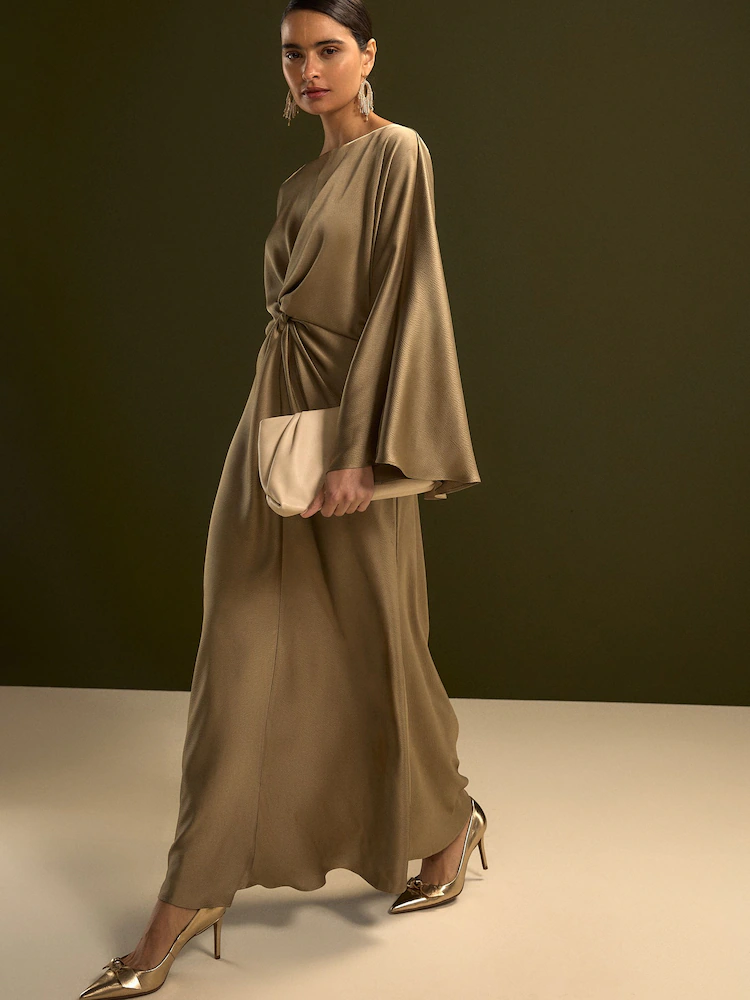 Buy Champagne Gold Twist Front Long Sleeve Satin Maxi Dress from Next USA