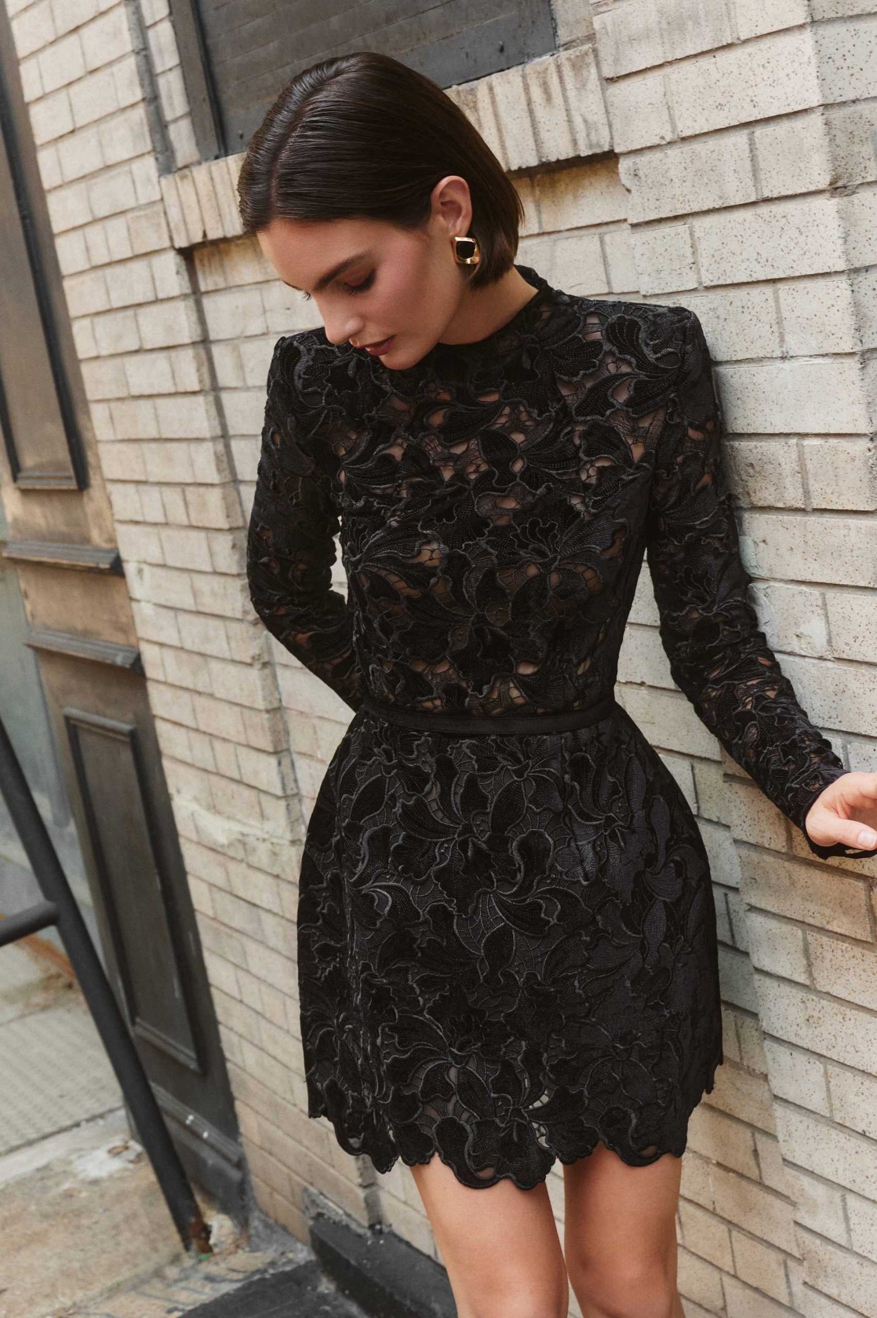Elegant Lace Black Mini Dress with High Neck — Little Black Dresses
