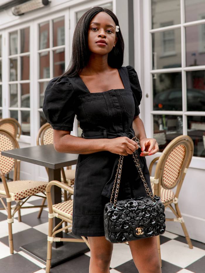 Belted Black Mini Dress with Puff Sleeves in Denim-Like Fabric — Little Black Dresses