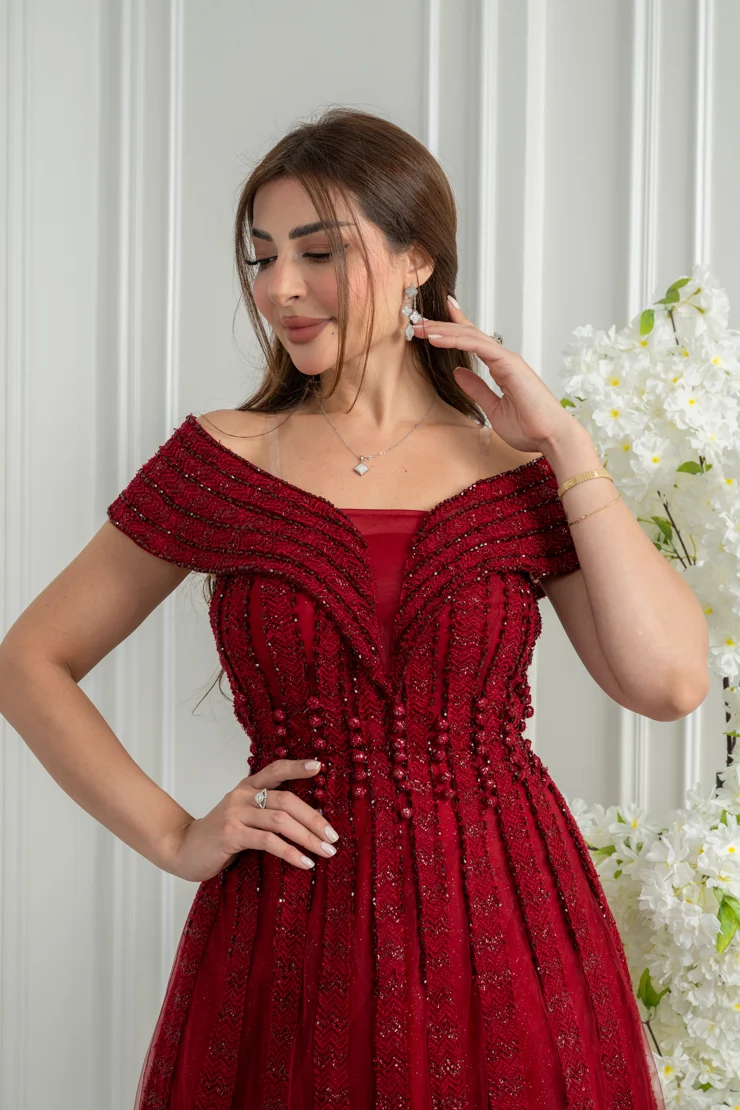 Deep Red Off-the-Shoulder Beaded Gown Deep Red Off-the-Shoulder Beaded Gown — Red Dresses