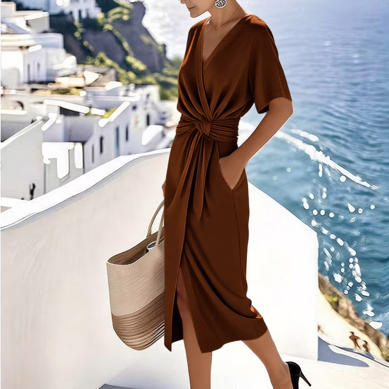 Brown Twist-Knot Midi Wrap Dress for Vacation Brown Twist-Knot Midi Wrap Dress for Vacation — Wrap Dresses