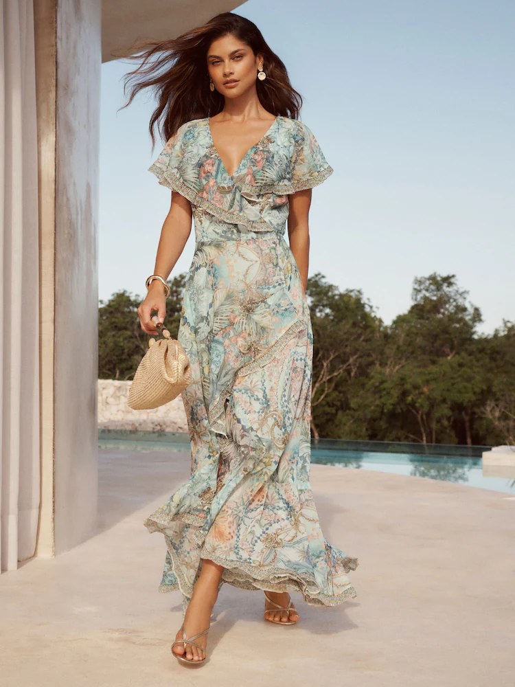 Womens Lipsy Green Mixed Print Wrap Short Sleeve Midi Dress US 2