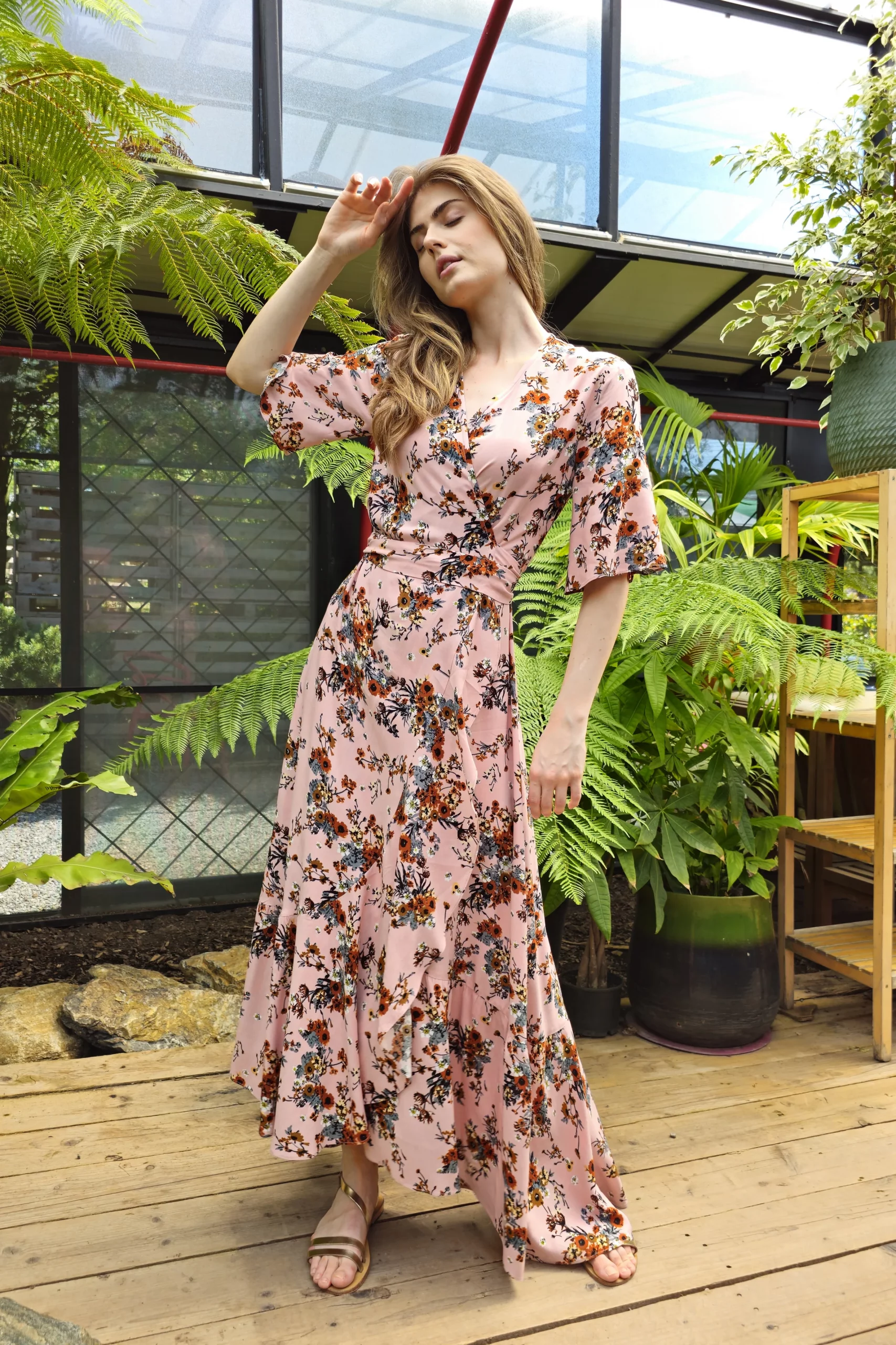 Pink Floral Midi Wrap Dress with Gold Flat Sandals Pink Floral Midi Wrap Dress with Gold Flat Sandals — Wrap Dresses