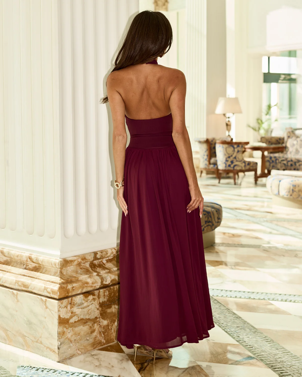 Burgundy Chiffon Halter Gown with Open Back Burgundy Chiffon Halter Gown with Open Back — Formal Dresses