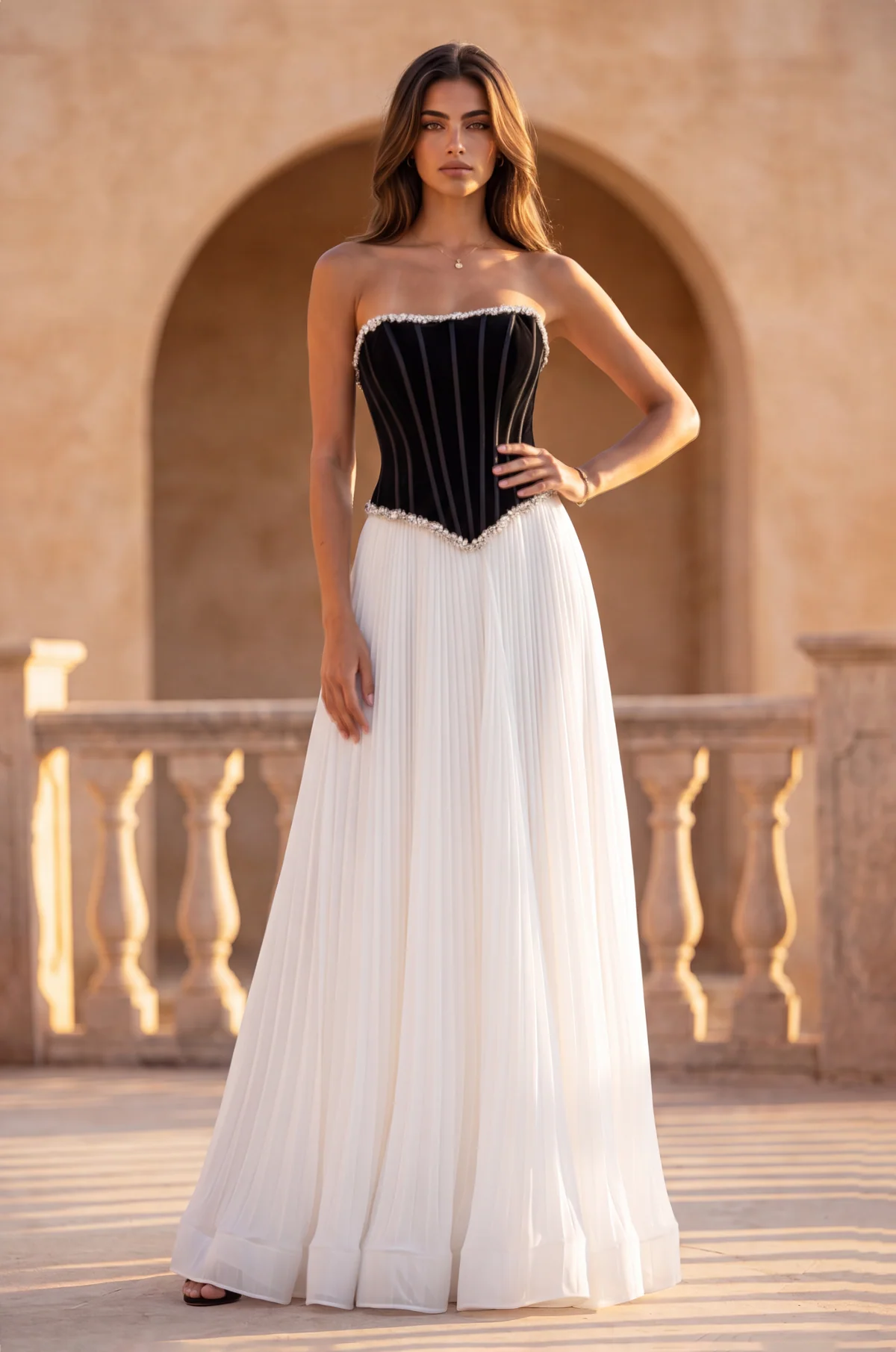 Black Velvet Corset Bodice with White Pleated Skirt Black Velvet Corset Bodice with White Pleated Skirt — Formal Dresses