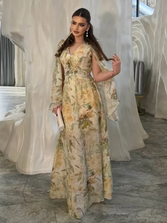 Floral Print Chiffon Gown with Cape Sleeves Floral Print Chiffon Gown with Cape Sleeves — Formal Dresses