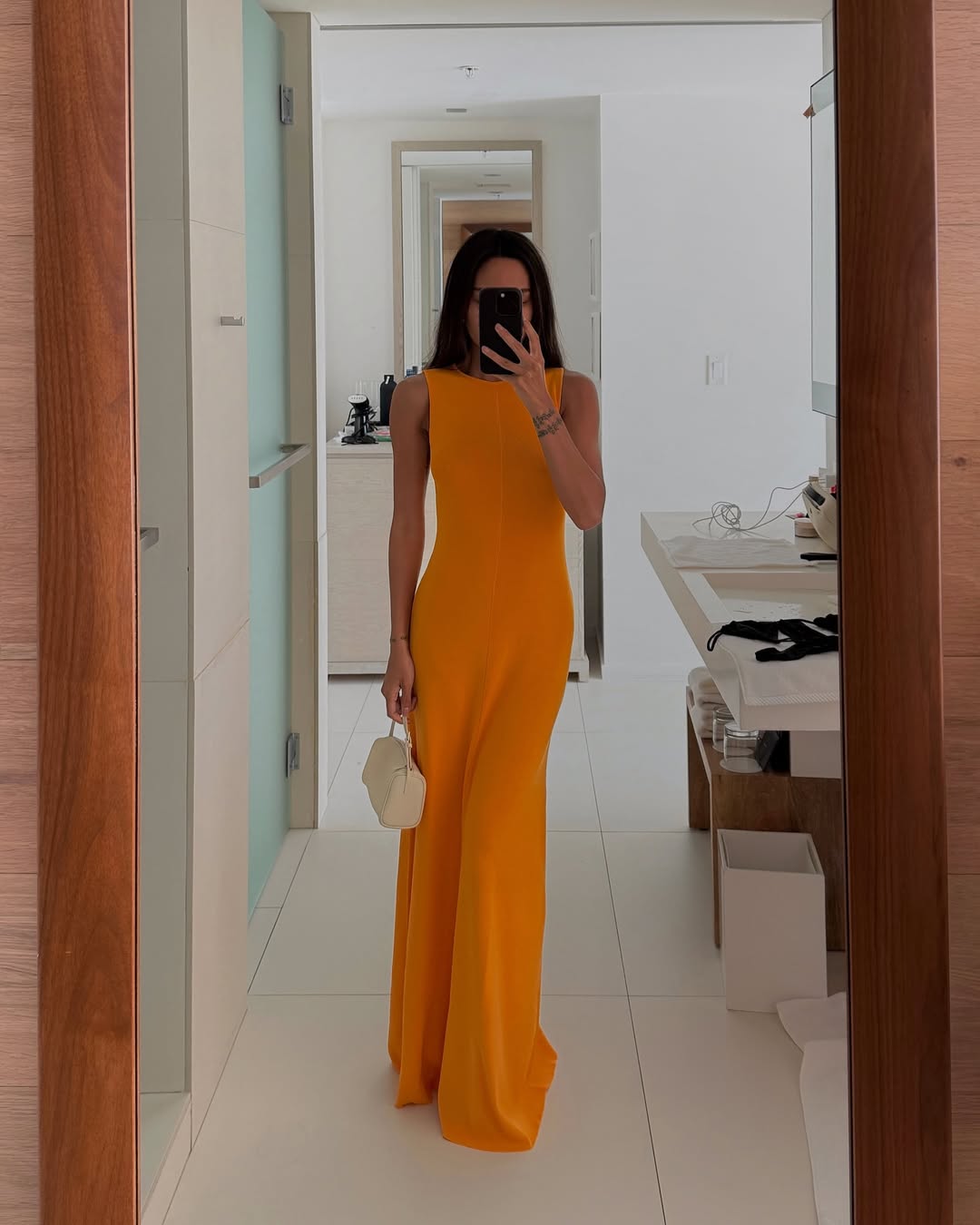 Minimalist Bright Orange Column Maxi Dress for a Modern Wedding Guest — Wedding Guest Dresses