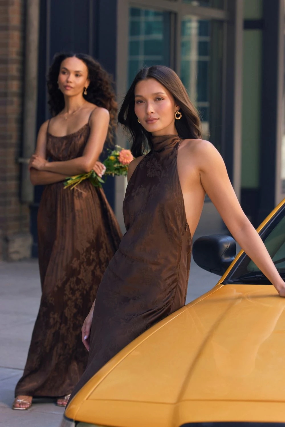 Rich Chocolate Brown Satin Bridesmaid Dresses with Embossed Floral Pattern Rich Chocolate Brown Satin Bridesmaid Dresses with Embossed Floral Pattern