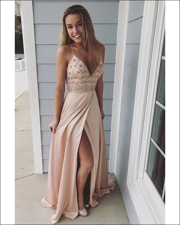 Blush Pink Satin Prom Dress with Beaded Bodice and High Slit — Prom Dresses