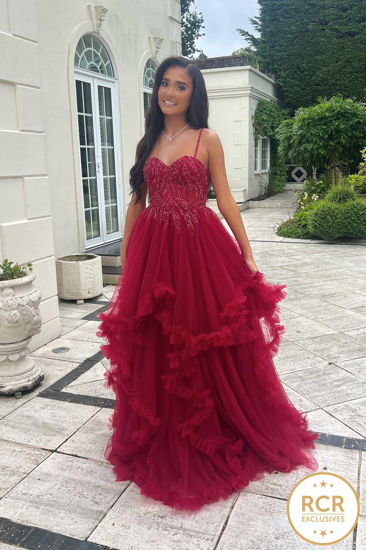 Deep Red Prom Dress with Tiered Ruffle Skirt — Prom Dresses