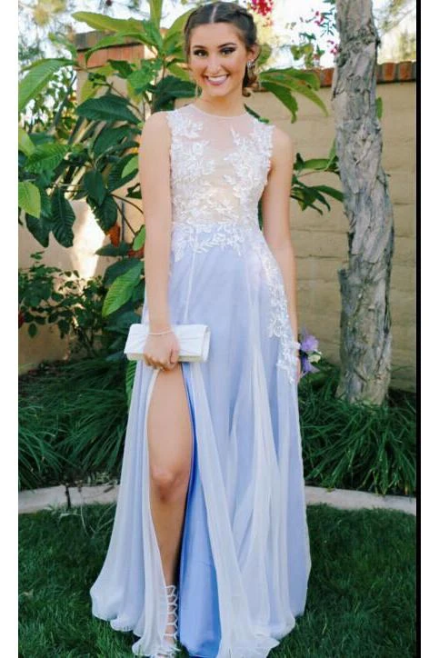 Light Blue Chiffon Prom Dress with Illusion Neckline — Prom Dresses
