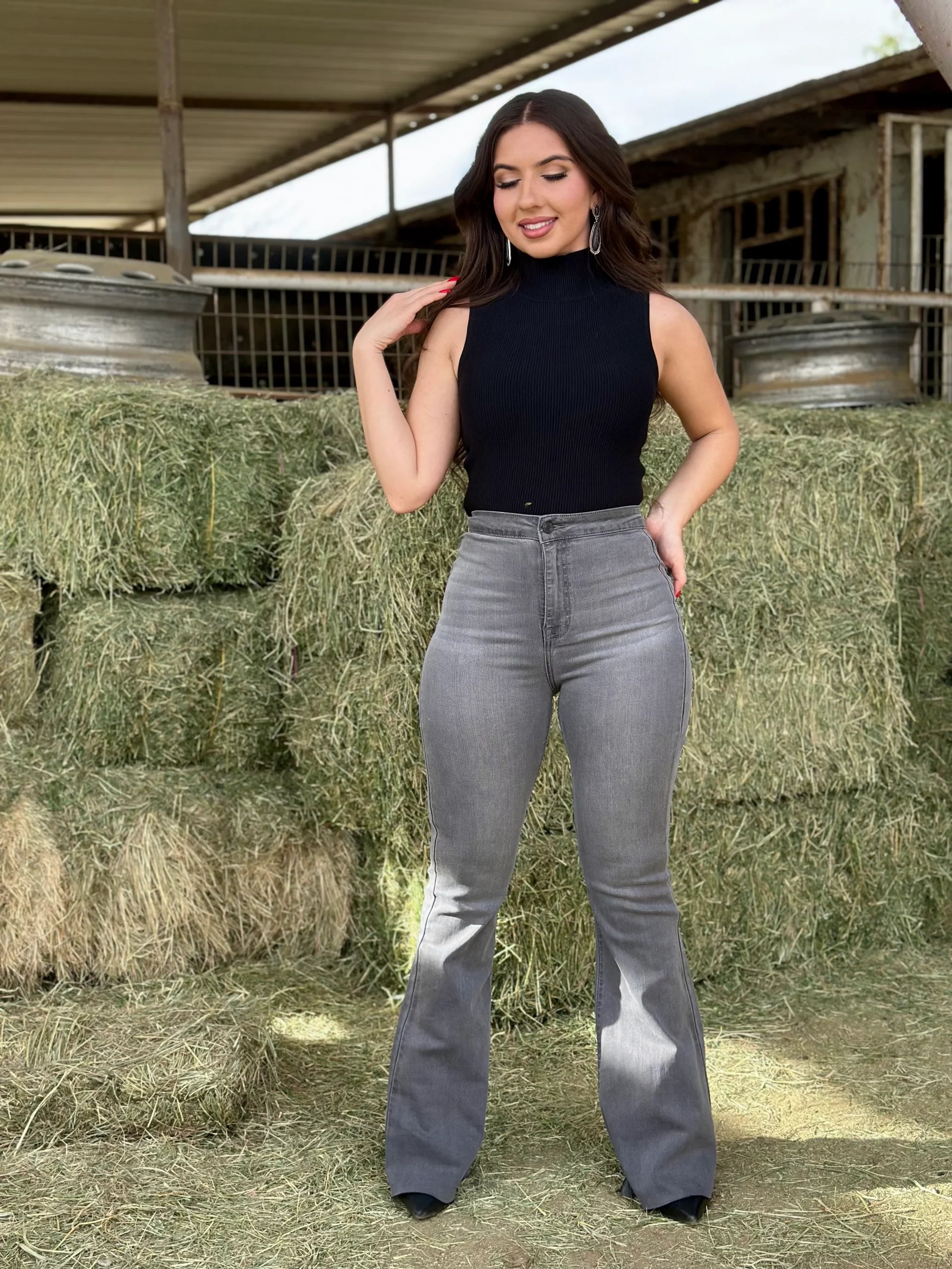 Chic Grey Flares with a Mock Neck Knit — Flare Jeans