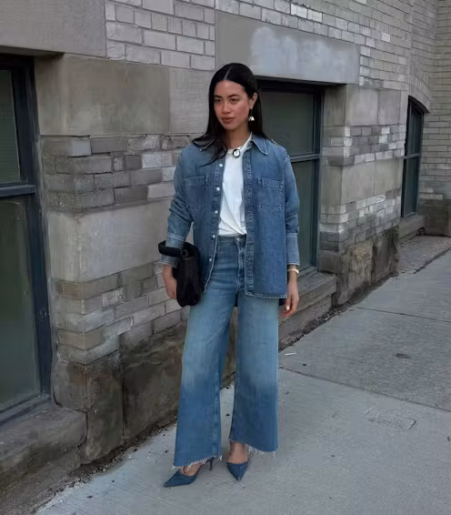Double Denim with a White Tee Base — Flare Jeans