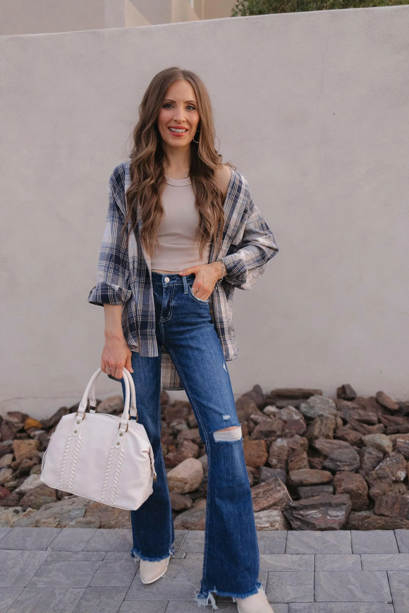 Distressed Flares with Plaid Shirt — Flare Jeans
