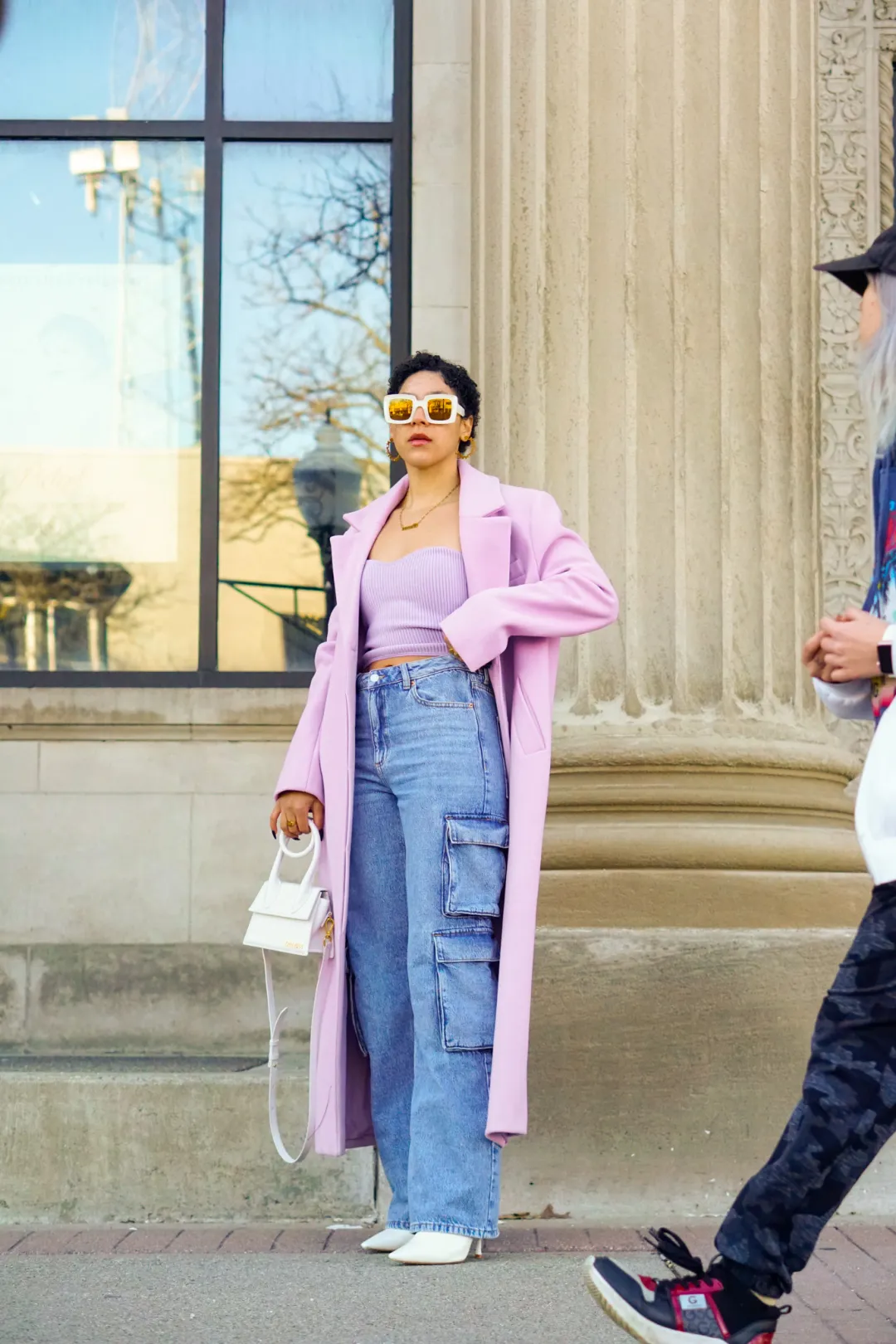 Streetwear Chic: Light Blue Denim Cargos with an Oversized Lavender Coat Streetwear Chic: Light Blue Denim Cargos with an Oversized Lavender Coat — Cargo Pants