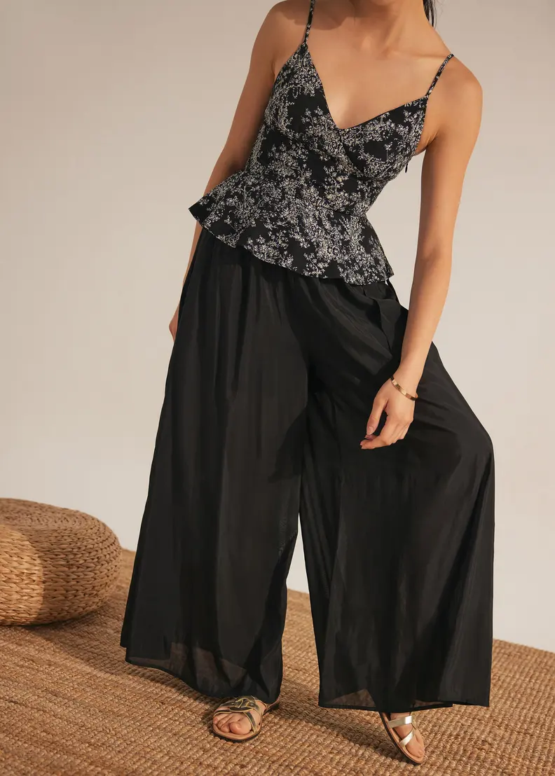 Satin-Like Beige Palazzo Pants with a Pleated Front Satin-Like Beige Palazzo Pants with a Pleated Front