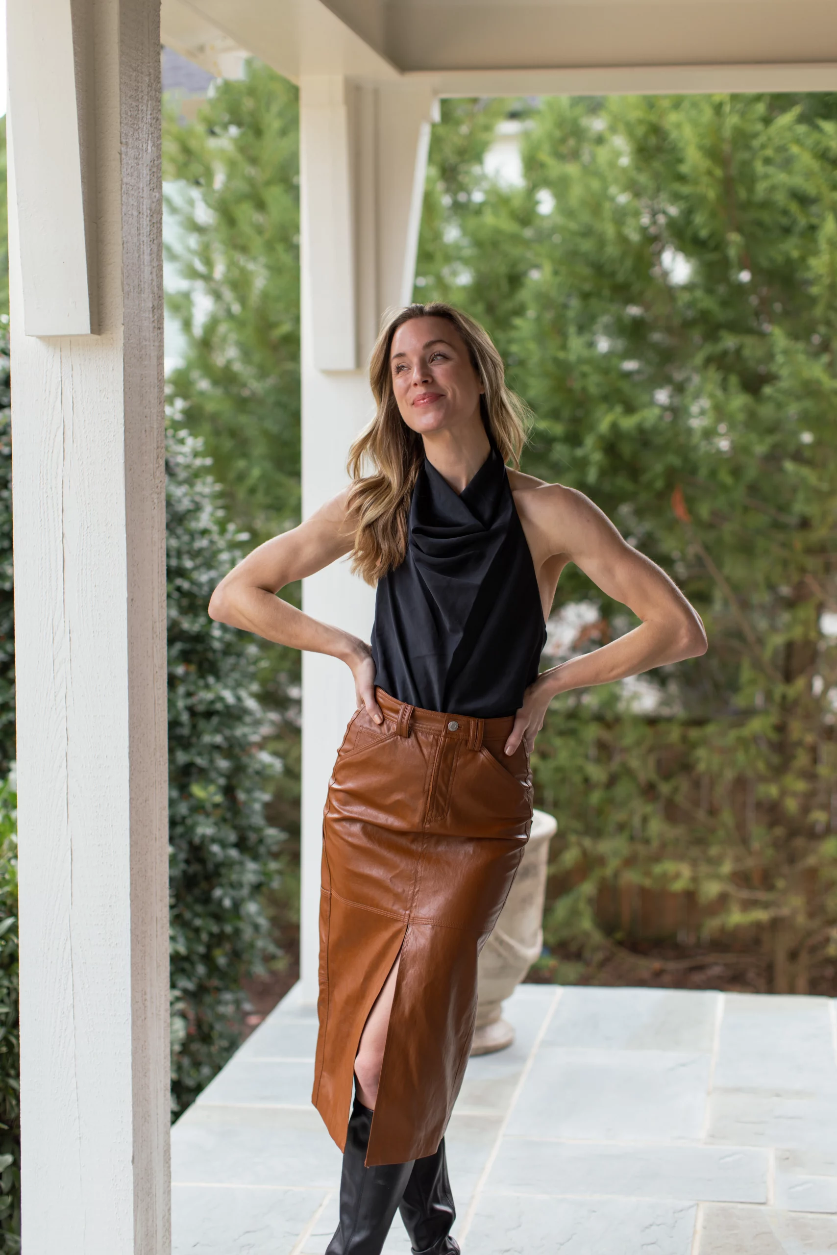 Sophisticated Brown Leather Midi with Slit and Black Halter Top Sophisticated Brown Leather Midi with Slit and Black Halter Top — Midi Skirts
