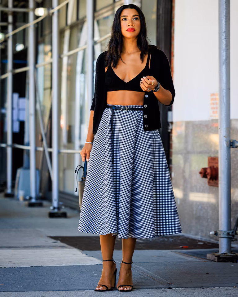 Gingham A-Line Midi Skirt with Cropped Cardigan and Strappy Sandals Gingham A-Line Midi Skirt with Cropped Cardigan and Strappy Sandals — Midi Skirts
