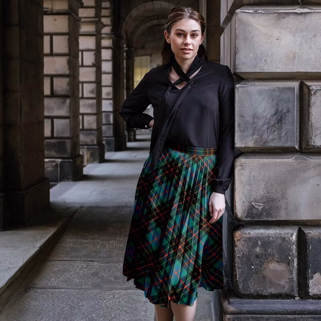 Vibrant Plaid Midi Skirt with a Scarf-Detail Blouse Vibrant Plaid Midi Skirt with a Scarf-Detail Blouse — Pleated Skirts