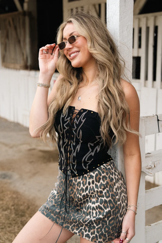 Edgy Western Corset Top with Embroidery and Leopard Print Skirt — Corset Tops
