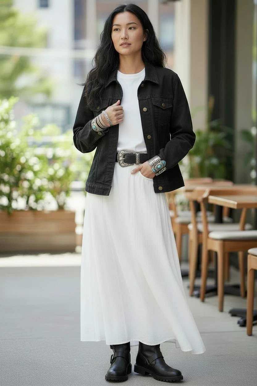 Oversized Black Denim Jacket Paired with an A-Line Skirt Oversized Black Denim Jacket Paired with an A-Line Skirt — Denim Jackets