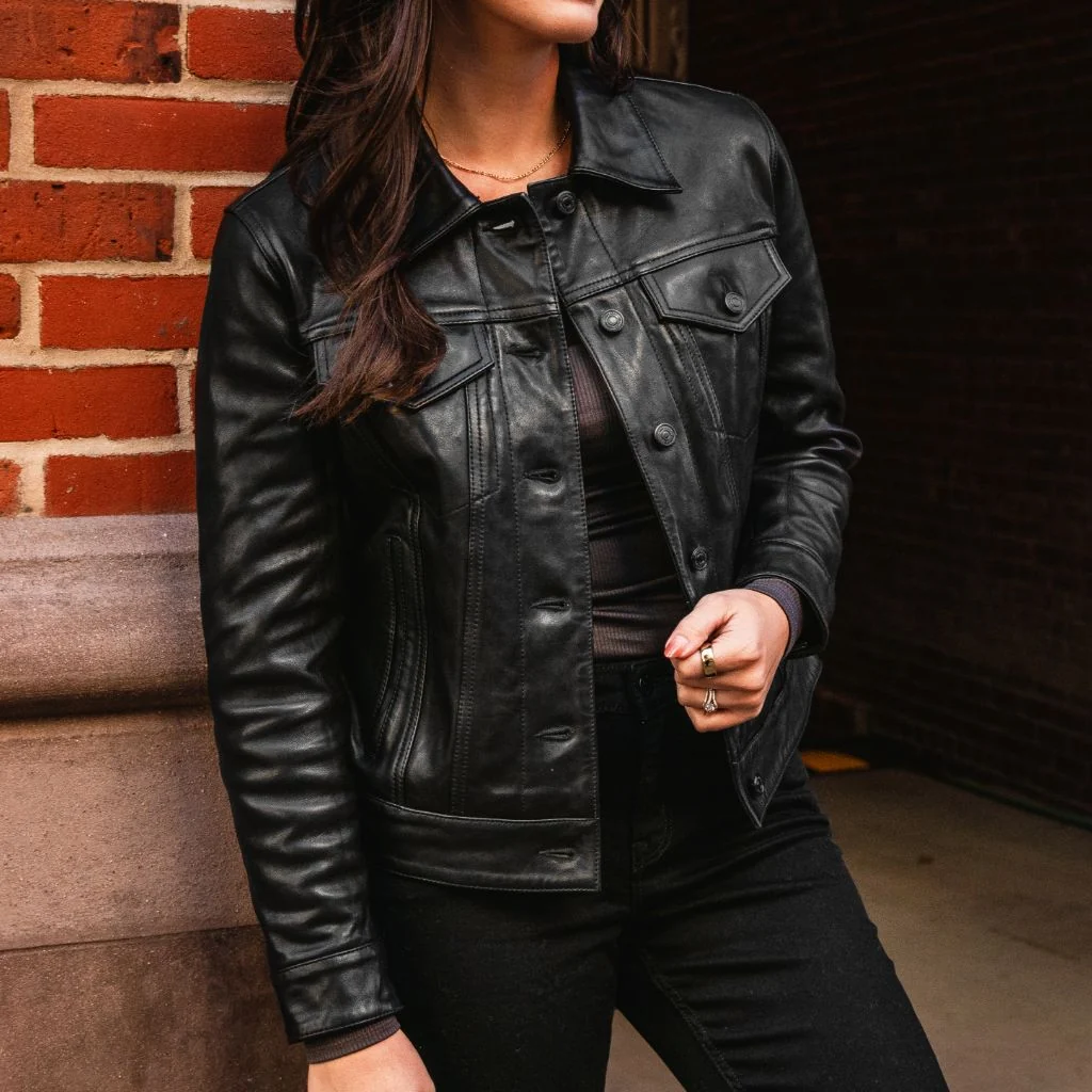 Black Leather Trucker Jacket with Classic Collar Black Leather Trucker Jacket with Classic Collar — Leather Jackets