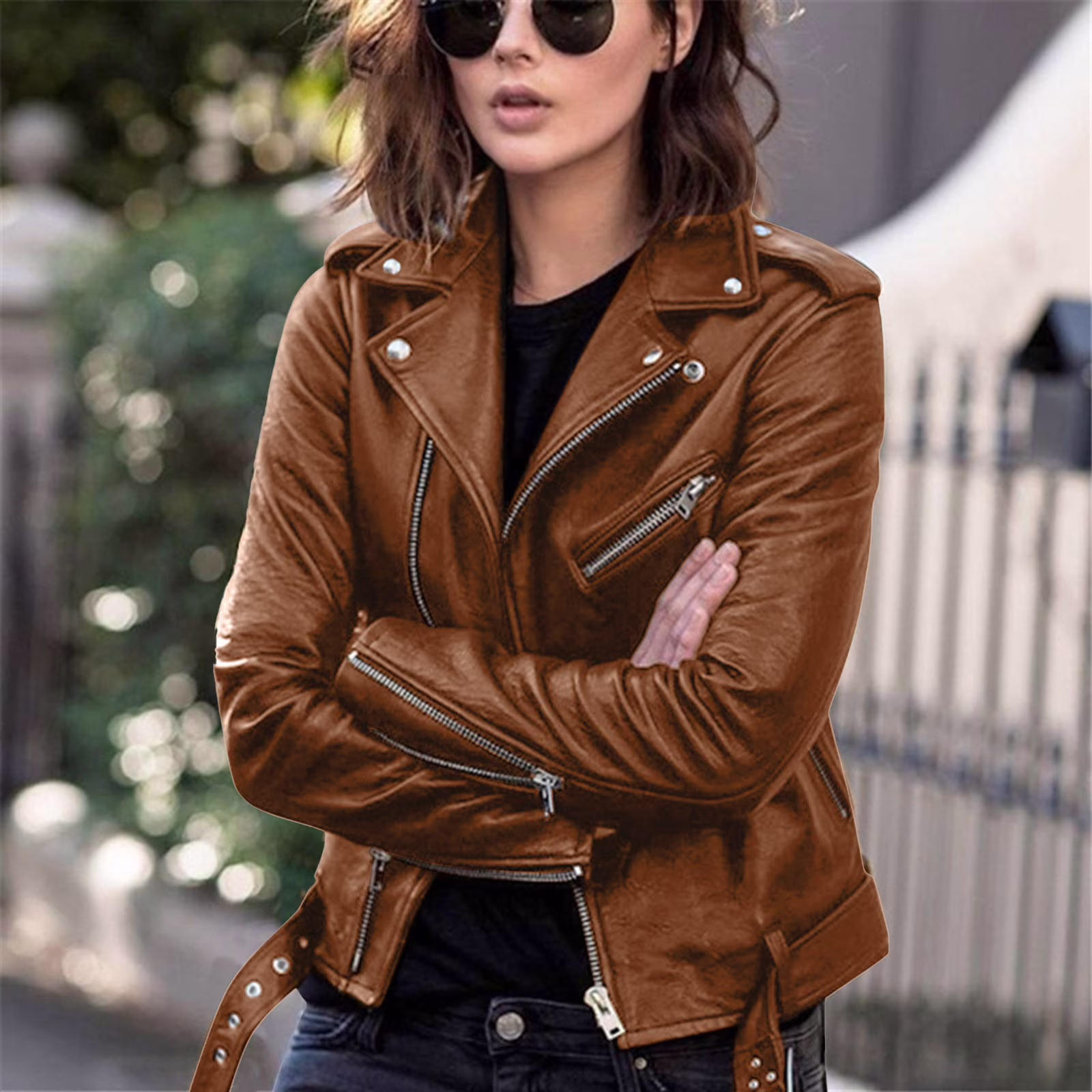 Zpanxa Faux Leather Jacket for Women, Long Sleeve Zipper Fitted Coat, Brown, Size L - Walmart.com