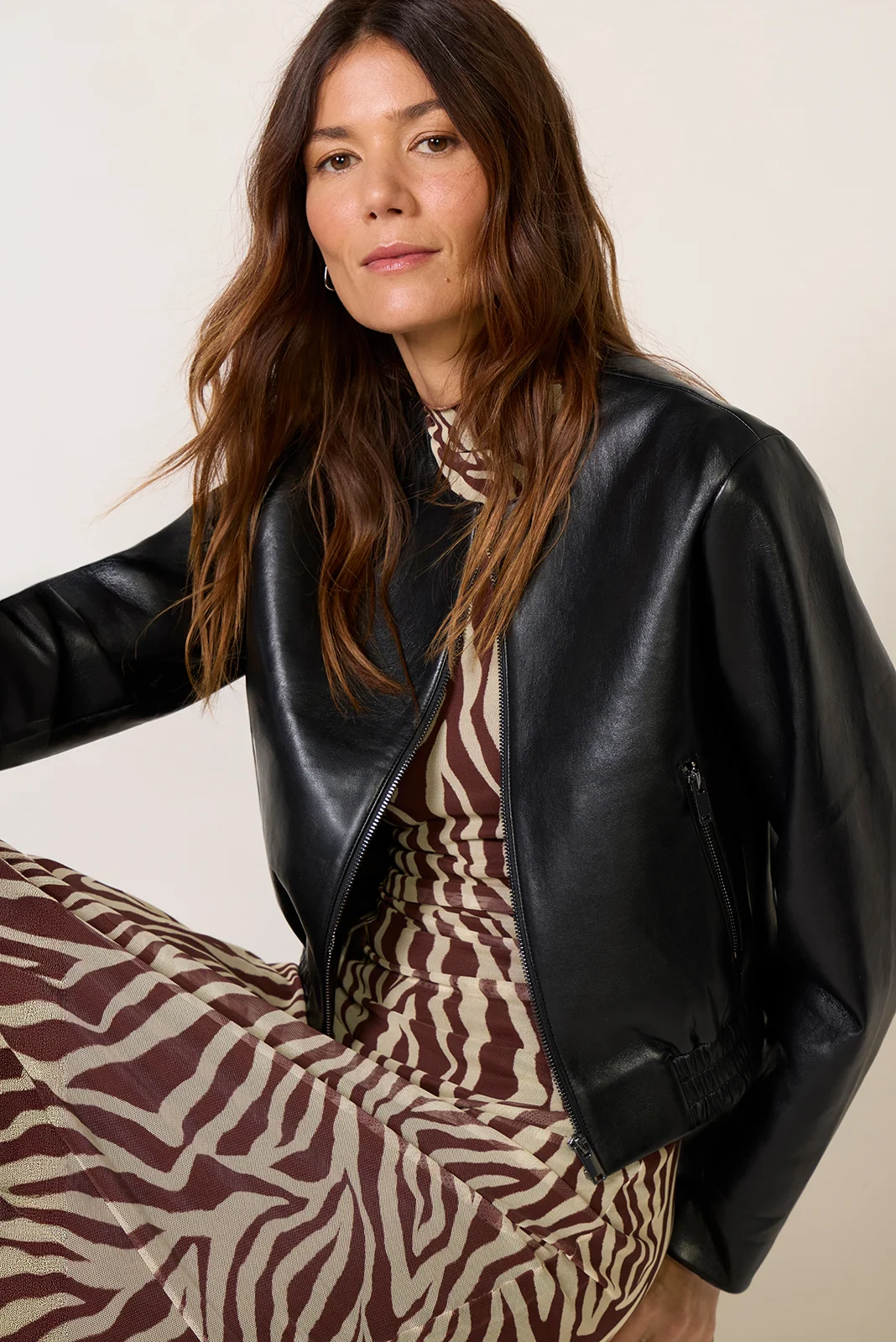 Classic Black Leather Bomber with Printed Separates Classic Black Leather Bomber with Printed Separates — Bomber Jackets