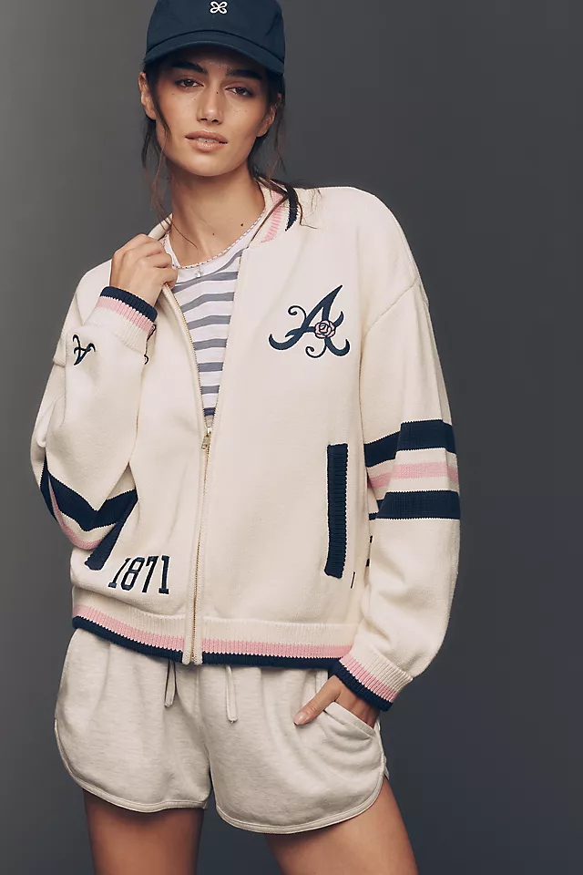 Varsity Bomber Jacket with Stripes and Embroidery Varsity Bomber Jacket with Stripes and Embroidery — Bomber Jackets