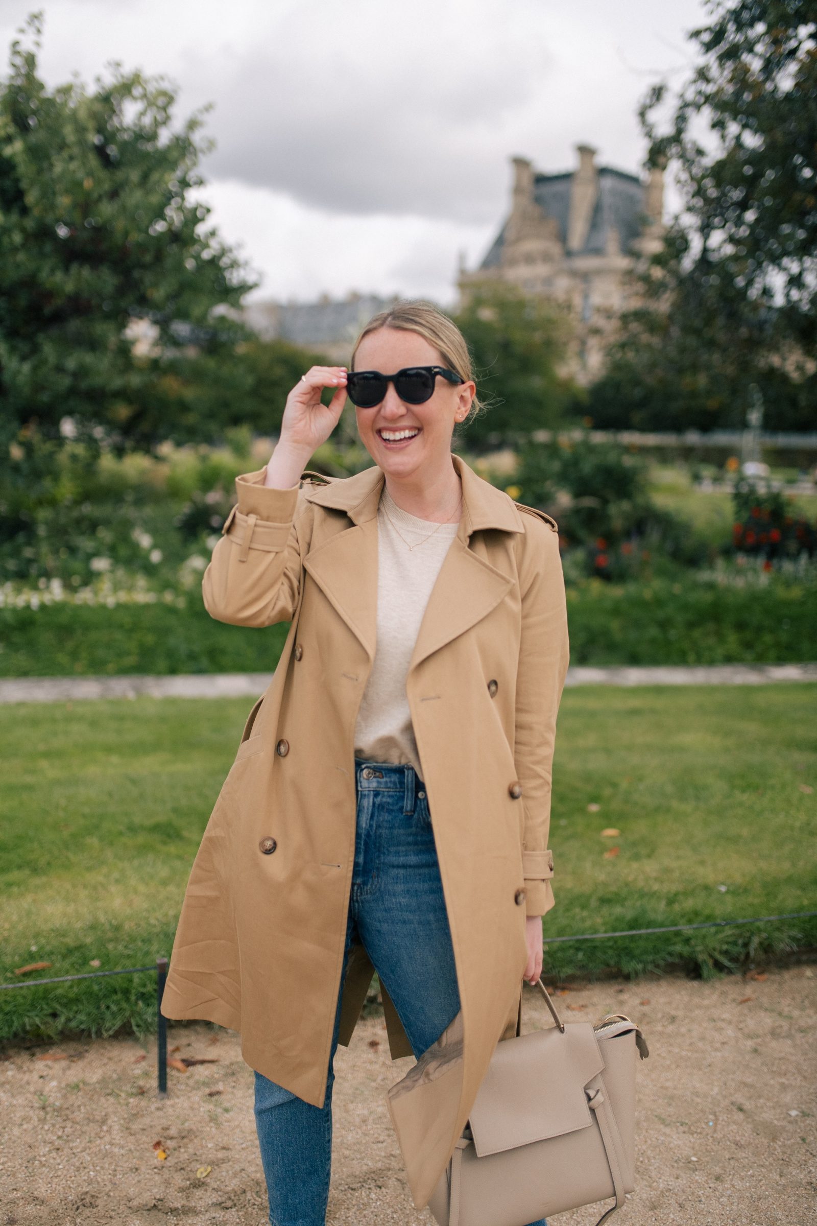 Classic Beige Trench Coat with Denim and Loafers — Trench Coats