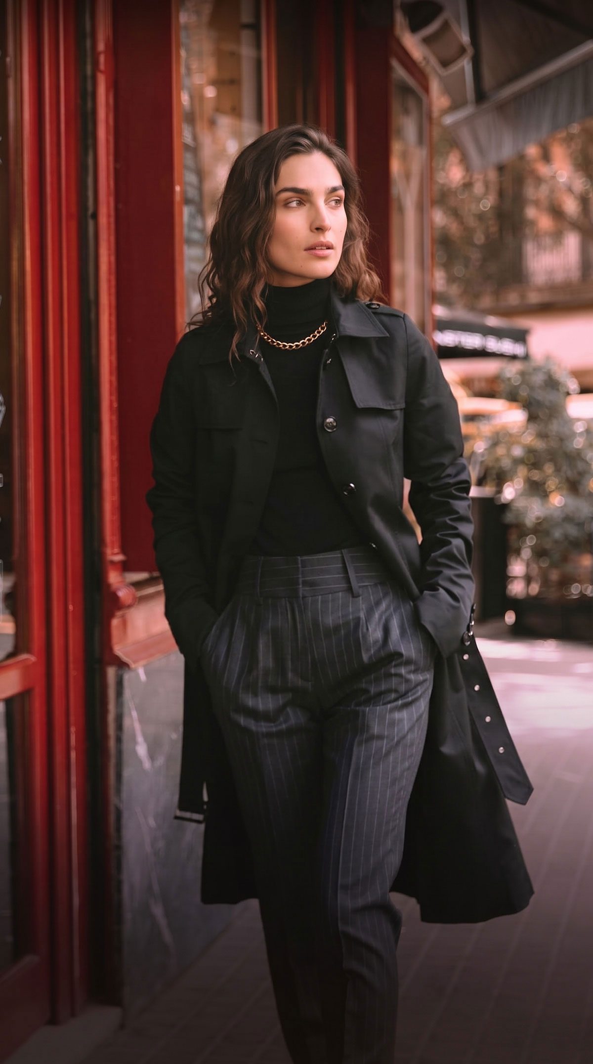 Classic Black Trench Coat with Pinstripe Trousers — Trench Coats