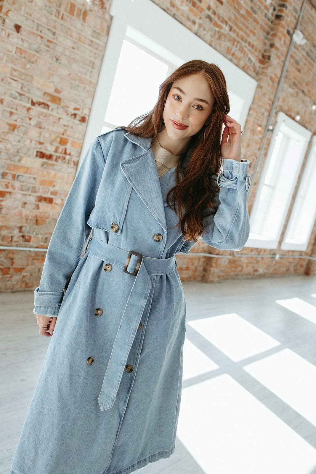 Light Blue Denim Trench Coat with Belted Waist — Trench Coats