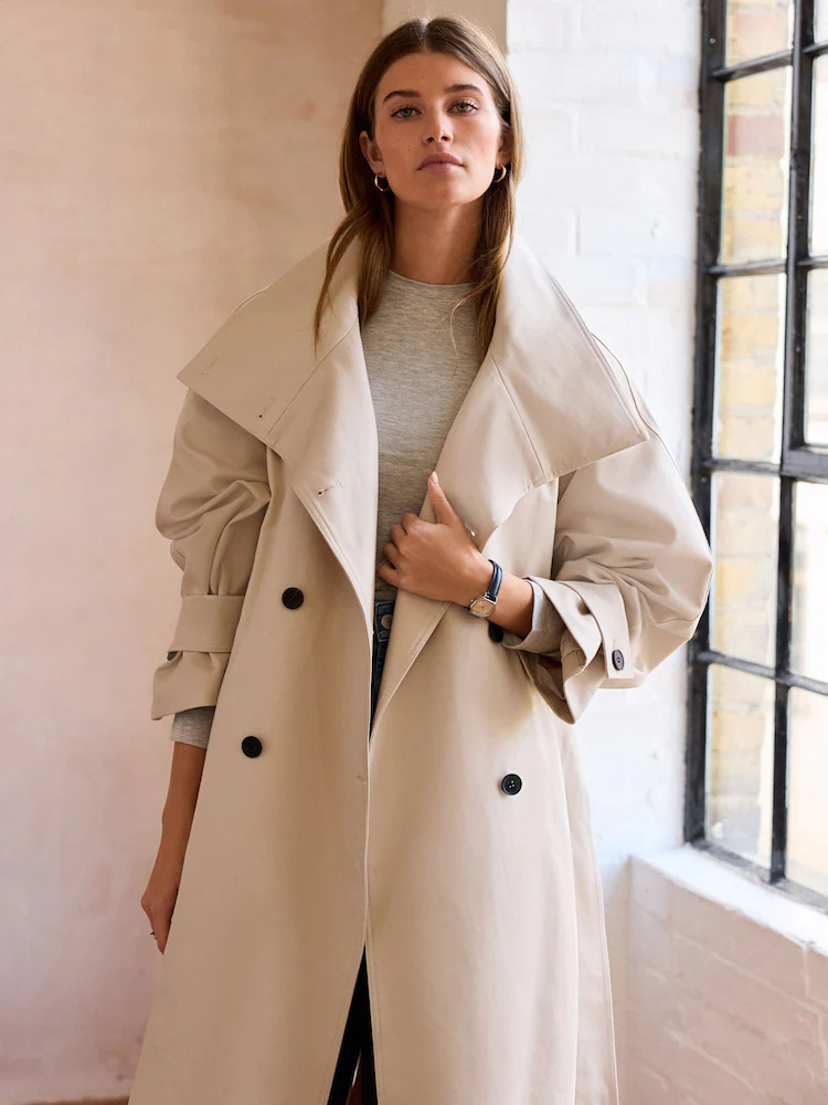 Beige Oversized Trench Coat with Dramatic Collar — Trench Coats