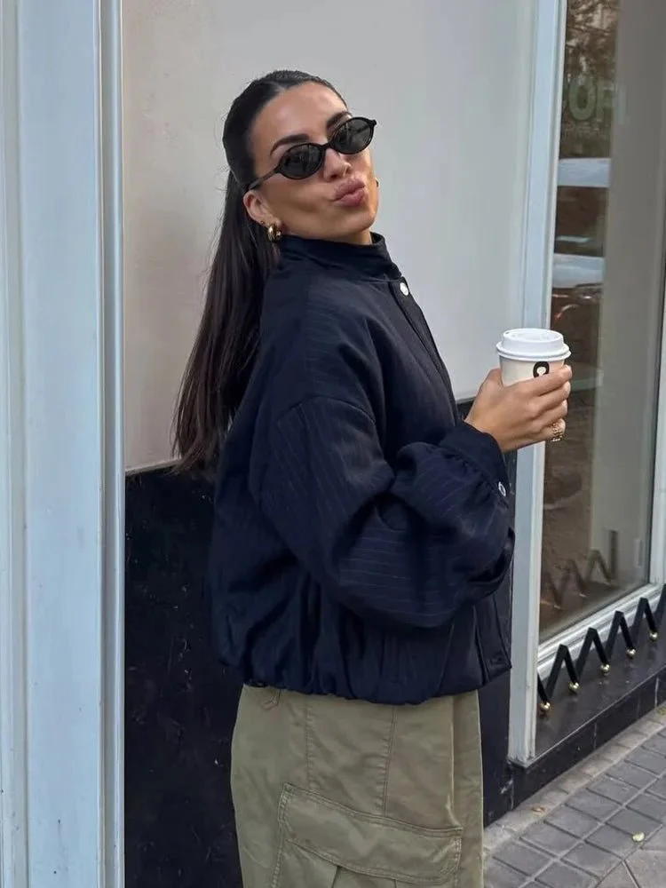 Casual Pinstripe Bomber with Khaki Cargo Pants Casual Pinstripe Bomber with Khaki Cargo Pants — Bomber Jackets