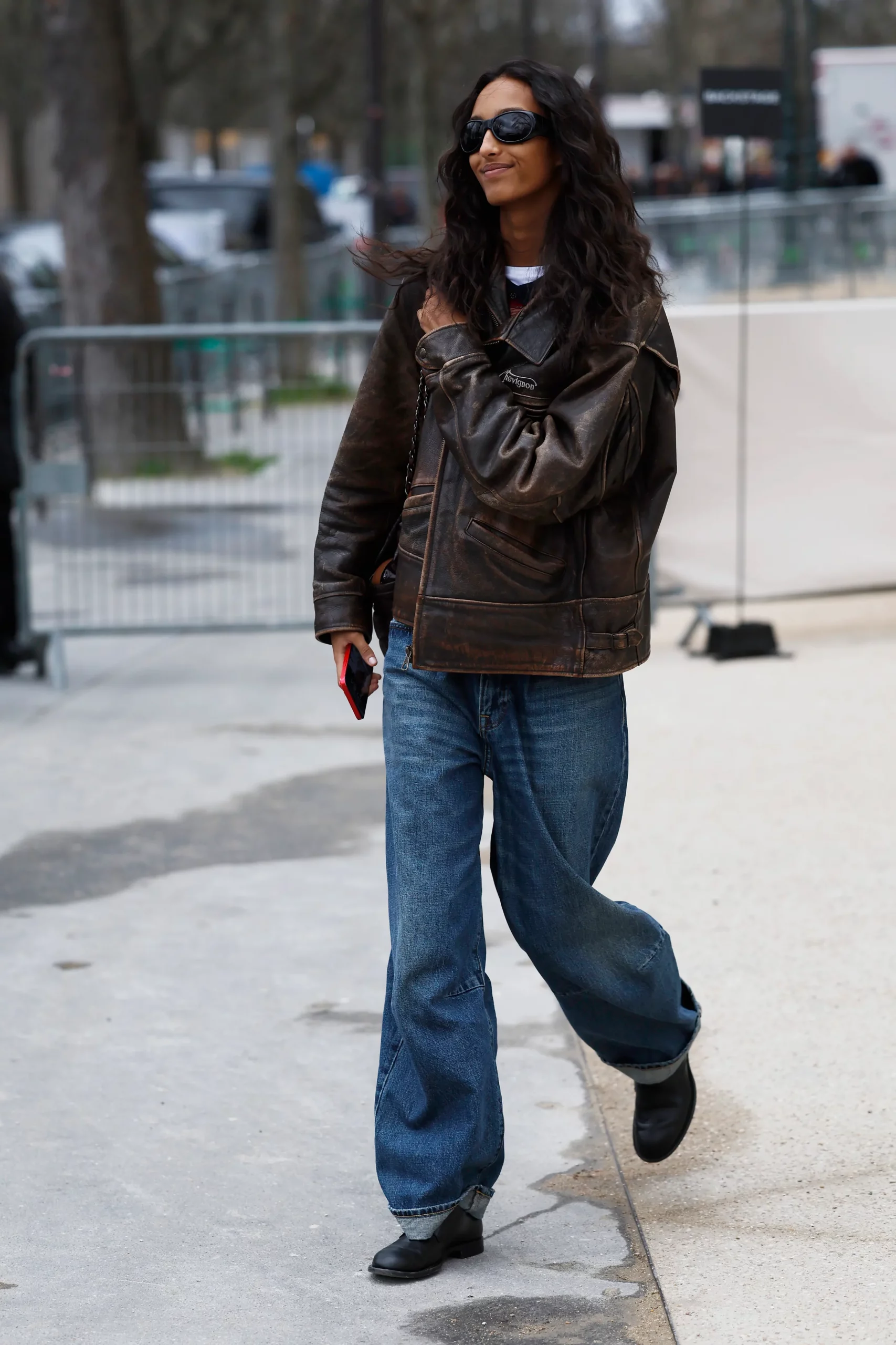 Distressed Leather Bomber with Wide-Leg Denim Distressed Leather Bomber with Wide-Leg Denim — Bomber Jackets