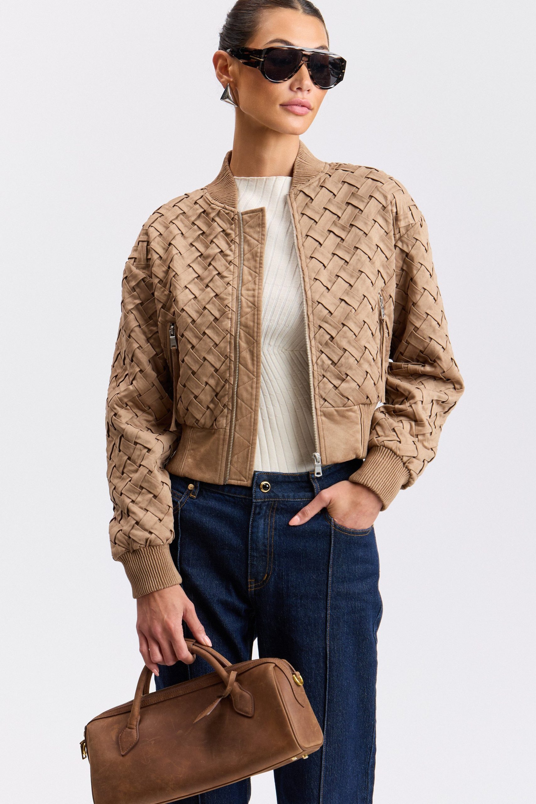 Woven Faux Suede Bomber with Textured Details Woven Faux Suede Bomber with Textured Details — Bomber Jackets