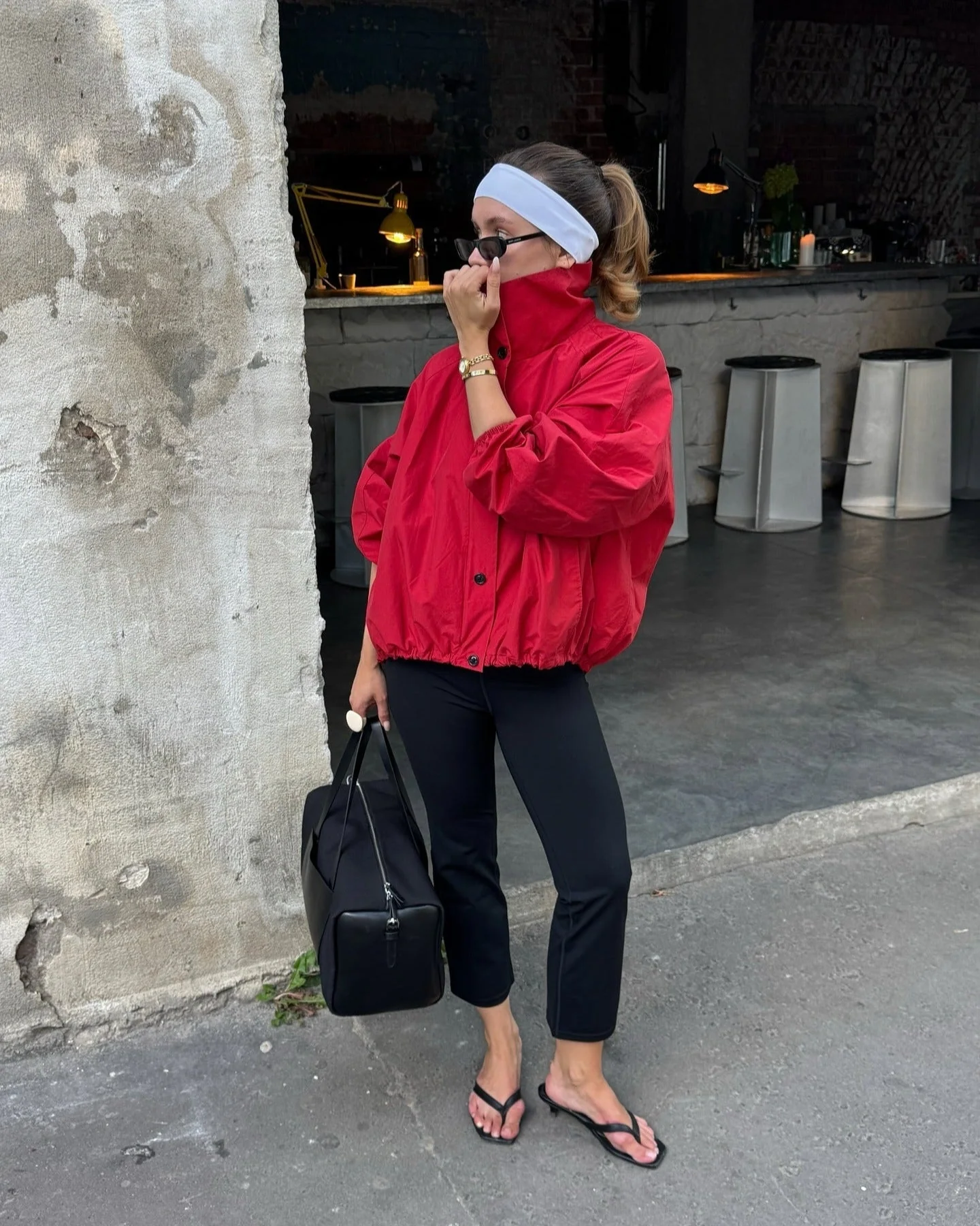 High-Neck Red Bomber Jacket with Black Pants High-Neck Red Bomber Jacket with Black Pants — Bomber Jackets