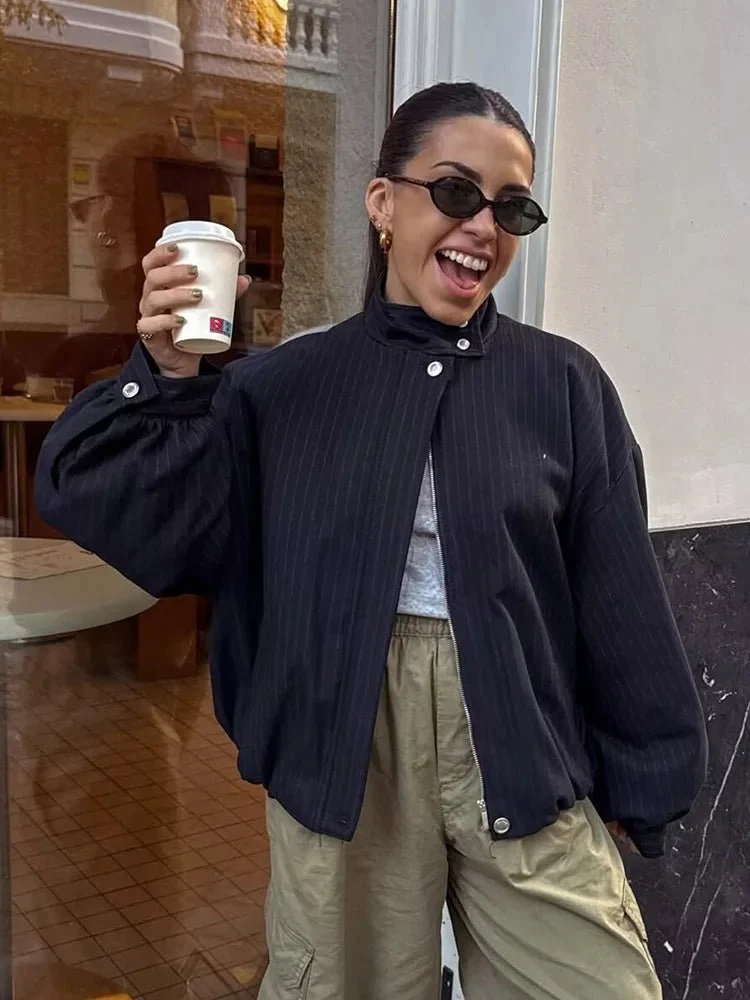 Pinstripe Bomber Jacket with Cargo Pants Pinstripe Bomber Jacket with Cargo Pants — Bomber Jackets