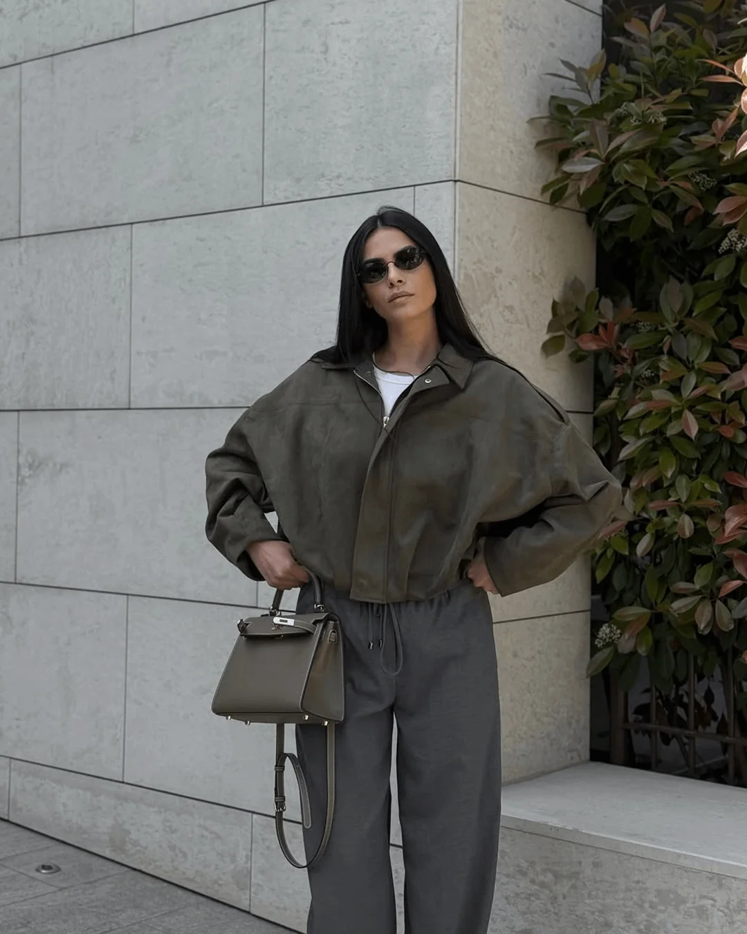 Olive Green Suede Bomber with Wide-Leg Trousers Olive Green Suede Bomber with Wide-Leg Trousers — Bomber Jackets