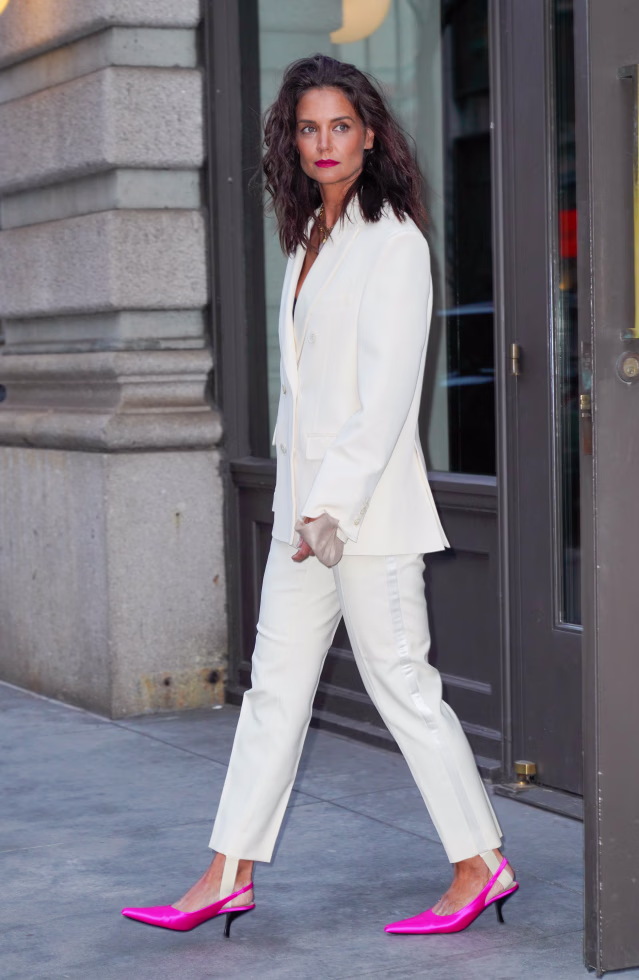 Vibrant Pink Kitten Heels with a Chic Ivory Suit Vibrant Pink Kitten Heels with a Chic Ivory Suit — Kitten Heels Outfits