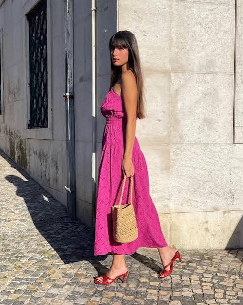 Vibrant Pink Dress Paired with Red Kitten Heels Vibrant Pink Dress Paired with Red Kitten Heels — Kitten Heels Outfits