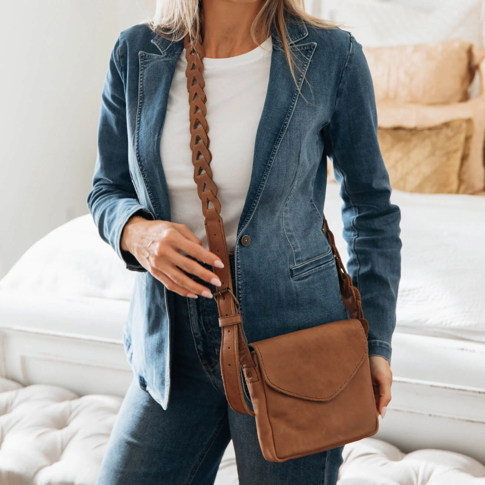 Denim-on-Denim with a Braided Strap Brown Leather Crossbody — Crossbody Bags
