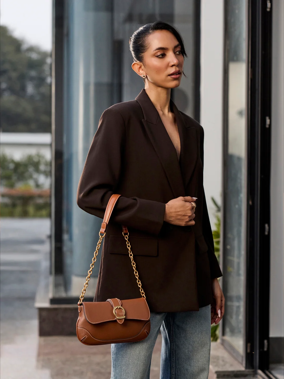 Chocolate Brown Blazer and Denim with Tan Leather Bag Chocolate Brown Blazer and Denim with Tan Leather Bag — Shoulder Bags
