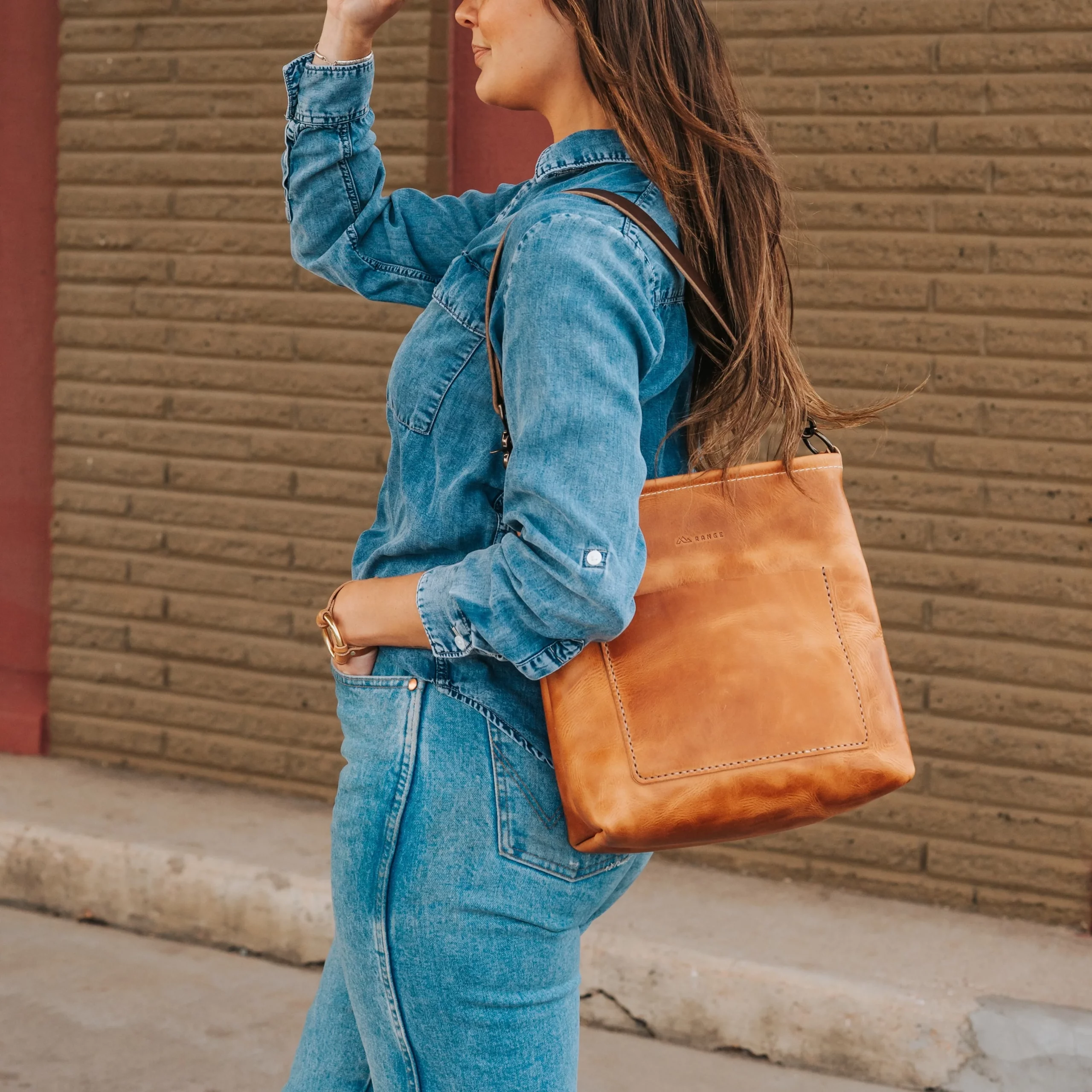 Denim on Denim with a Tan Leather Shoulder Bag Denim on Denim with a Tan Leather Shoulder Bag — Shoulder Bags